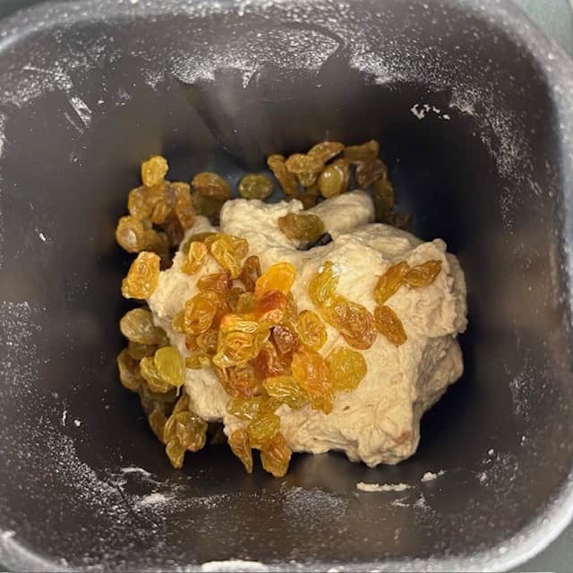 Dough and golden raisins in a bread pan for a bread machine cinnamon raisin bread recipe.