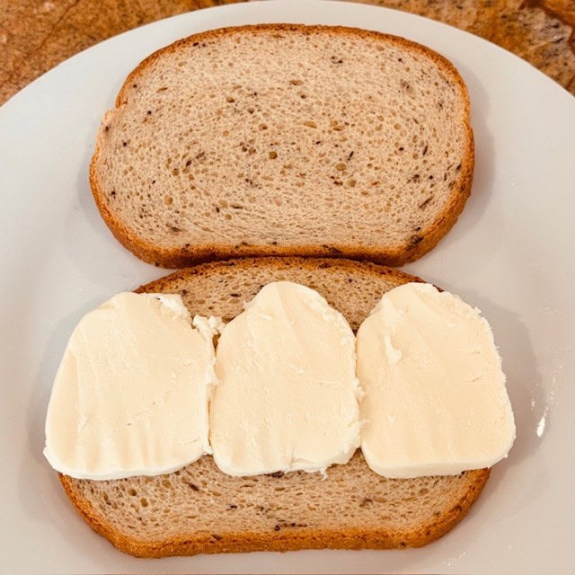 Mozzarella slices on top of a slice of bread.