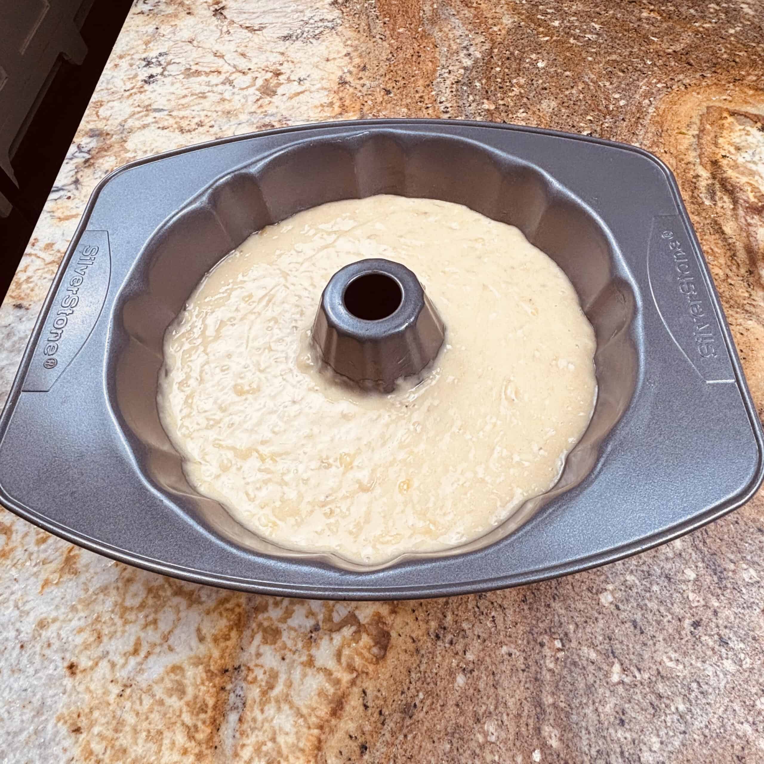 Batter for a Bundt banana bread in a Bundt pan.